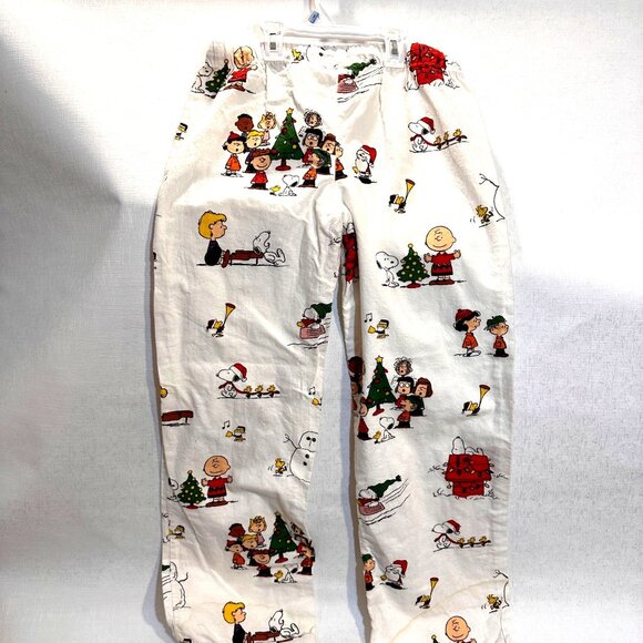 Peanuts Holiday-Themed Pajama Set Button-Up Shirt Pants White Cotton Medium Flan - Picture 7 of 16